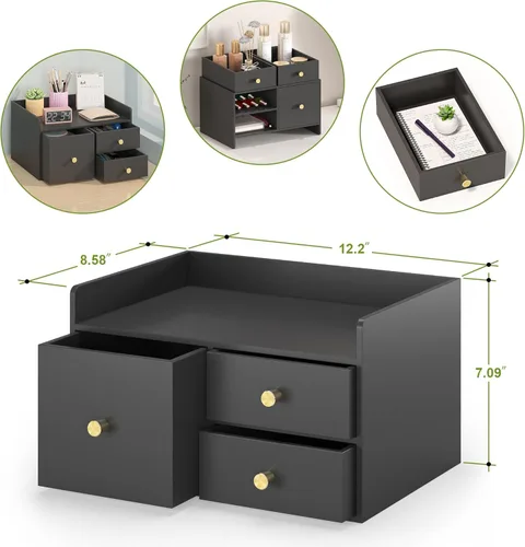 Miniatura 3 de Organizador de escritorio de bambú con cajones, cajones de almacenamiento de escritorio de madera para facturas, suministros de oficina, utensilios