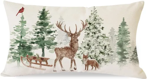 PANDICORN Funda de almohada de Navidad de 12 x 20 pulgadas, decoración navideña de bosque de invierno, decoración navideña de zorro, reno y zorro