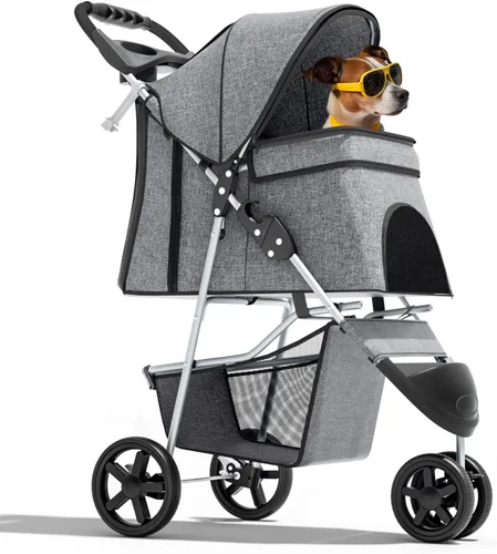 Miniatura 19 de Magshion Cochecito para mascotas de 3 ruedas, cochecito de viaje plegable para perros y gatos pequeños y medianos (hasta 33 libras), transportador