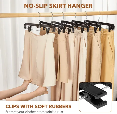 Miniatura 4 de HOUSE DAY Perchas negras para pantalones con clips, paquete de 12 perchas de plástico para falda para mujer, colgador de clip de 14 pulgadas