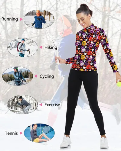 Miniatura 75 de WOWENY Camiseta deportiva de manga larga para mujer, con cremallera de un cuarto, cuello para entrenamiento, camiseta de tenis con estampado