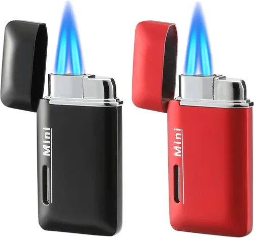 Miniatura 7 de Paquete de 2 mini encendedores de butano, soplete doble con ventana visible, encendedor de bolsillo recargable y ajustable, gran regalo para hombres