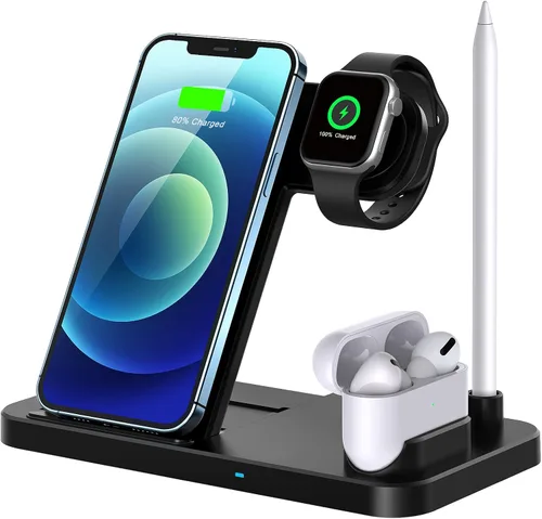 Cargador inalámbrico, estación de carga inalámbrica 4 en 1 rápida compatible con Apple Watch, Airpods Pro, iPhone 12/12 Pro/11/11 Pro/8/X, soporte