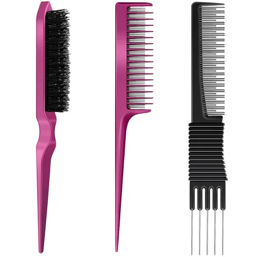 Juego de 3 cepillos de pelo con peine de púa de burlas que incluye elevación de carbono negro con punta de metal, peine de cola de rata de triple