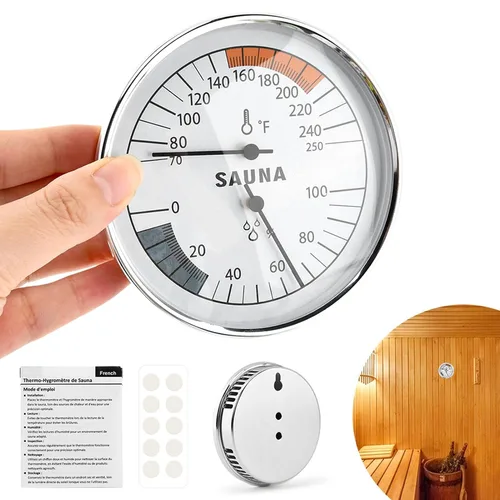 Termómetro e higrómetro de sauna, medidor de temperatura colgante 2 en 1 y termostato con puntos pegajosos, pantalla de 3.9 pulgadas, 70-250 °F,