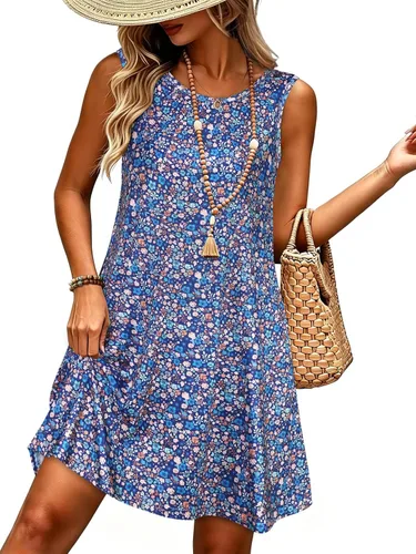 Miniatura 43 de elescat Vestidos de verano para mujer 2025, vestido casual de playa sin mangas con estampado floral, tipo camiseta, suelto y con bolsillos
