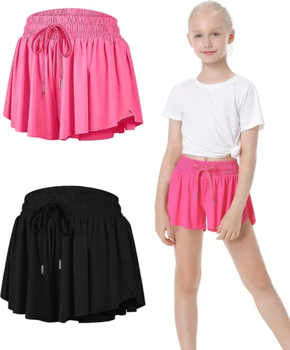 QooNoo Pantalones cortos de mariposa para niñas con bolsillo, pantalones cortos atléticos fluidos de cintura alta para correr para niños y