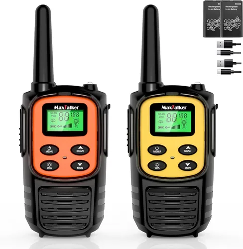Miniatura 13 de Walkie Talkies MaxTalker de largo alcance para adultos, MT10 Walkie Talkies recargables FRS de 2 vías, NOAA, batería de 1200mAh Li-ion con cable