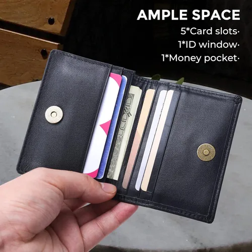 Miniatura 12 de Bolsillo frontal con bloqueo RFID, minimalista, delgado, de cuero, plegable, para tarjeta de crédito, con ventana de identificación