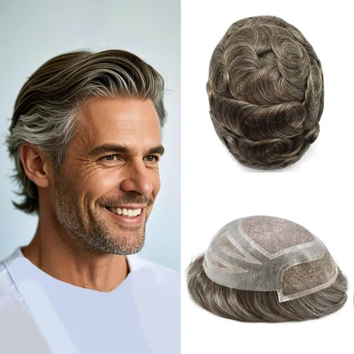 Miniatura 26 de Sistema de repuesto de piezas de cabello humano tipo tupé para hombre, transpirable, encaje francés, peluca para hombre, peluca de piel de #1B Negro
