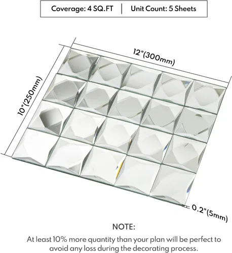 Miniatura 2 de Lovdeco Azulejo de Mosaico de Vidrio Espejo Adhesivo de 2 pulgadas, 9 Caras Biseladas de Cristal Plateado para Salpicadero de Cocina, 12 x 10 Plata