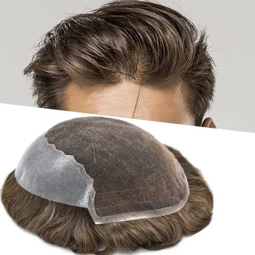 Miniatura 24 de Toupee para hombres, sistema de reemplazo de cabello humano Remy, nudos blanqueados, encaje frontal, piel fina, para hombre, color gris, pelucas