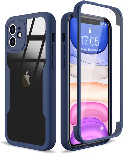 Funda compatible con iPhone 11, diseño transparente de cuerpo completo con protector de pantalla integrado, a prueba de golpes, antiarañazos, Azul