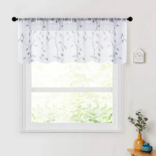Miniatura 17 de MRTREES Cenefa de cortina transparente de Navidad, 2 paneles de cortinas bordadas con hojas pequeñas de 54 x 16 pulgadas, bolsillo para barra
