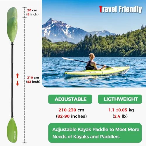 Miniatura 2 de Remos de Kayak con Eje de Aleación y Pala de PP, Remos Flotantes para Kayak, Ajustables 230-250 cm/90-98 Pulgadas, 210-230 cm/82-90 Pulgadas Verde