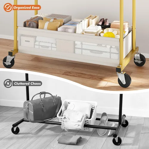 Miniatura 5 de Perchero de ropa para colgar ropa, perchero portátil con ruedas, perchero de ropa de doble barra con cesta de almacenamiento, perchero