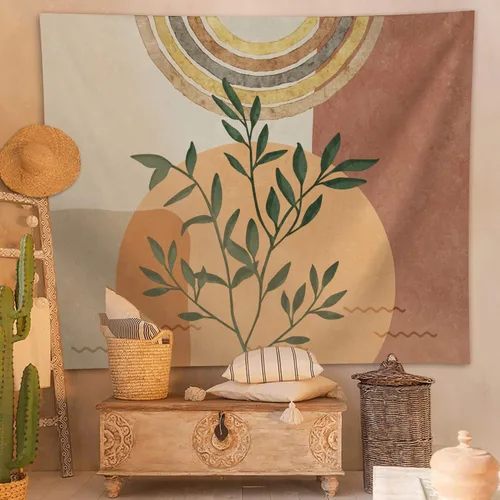 Miniatura 9 de SUOTEMEIFEI Tapiz de arte bohemio con plantas, tapiz retro con plantas, puesta de sol, paisaje, estético, abstracto, para pared, dormitorio, sala