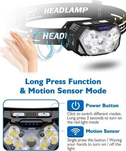 Miniatura 4 de Linterna frontal ultra brillante de 9 LED de 2000 lúmenes, linterna recargable USB C, 10 modos, lámpara de cabeza con sensor de movimiento
