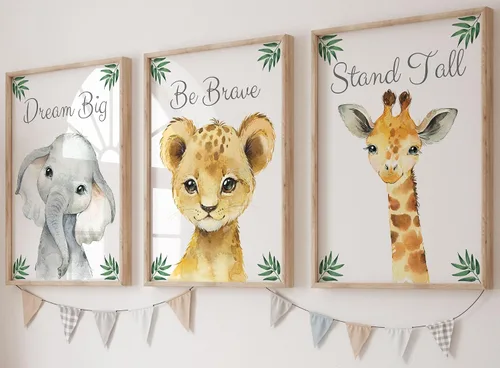 Miniatura 9 de Eviepops Prints Lindos animales de safari juego de 3 impresiones sin marco para bebé niña o niño, cuarto de bebé, habitación de niños, decoración
