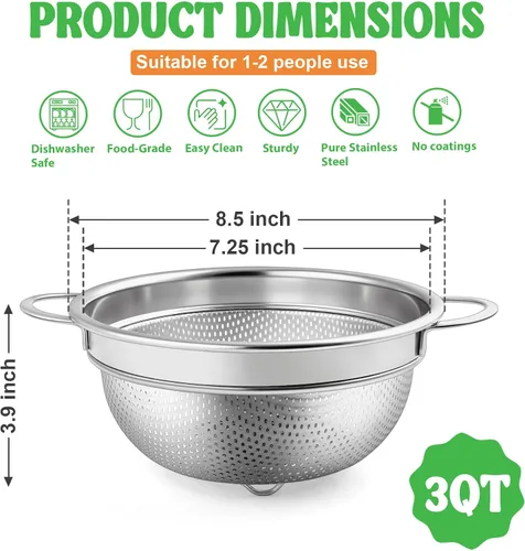 Miniatura 2 de P&P CHEF Colador de acero inoxidable de 3 cuartos de galón, colador de metal microperforado para alimentos de cocina, ideal para enjuagar, lavar
