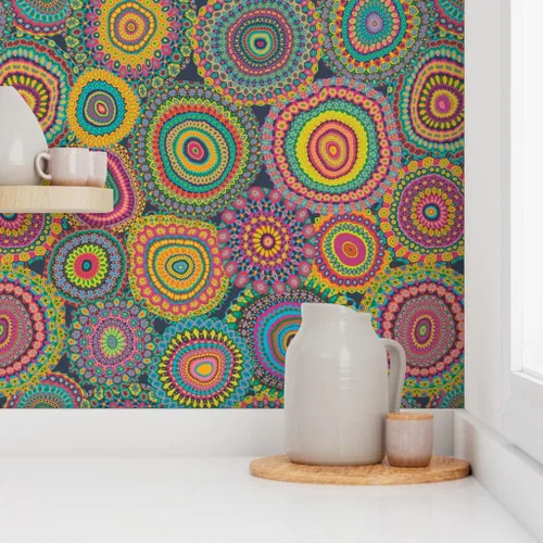 Miniatura 8 de Despegar y pegar papel tapiz Muestras – Colcha de retazos de abuelas mandala círculo colorido retro hippie personalizado extraíble papel pintado por