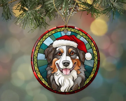 Adorno de cerámica con vitrales de Navidad de pastor australiano, adorno colgante para árbol de Navidad, adorno de vitral de perro, adorno religioso