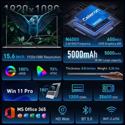 Miniatura 2 de portátil de 15.6" FHD, 12 GB RAM 256 GB SSD, Intel Celeron N4000, computadora portátil Win 11 Essential para estudiantes, clases en línea, hogar