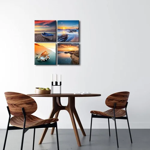 Miniatura 4 de Pyradecor Puesta de sol mar playa moderna paisaje marino cuadros cuadros sobre lienzo arte de pared 4 paneles estirados impresiones de lienzo