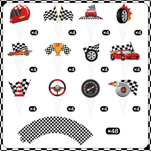 Miniatura 6 de 48 paquetes de toppers y envolturas de cupcakes de coche de carreras, decoración de pastel de fiesta de carreras con temática de carreras y cuadros