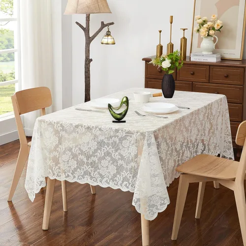 Miniatura 4 de ASATEX Mantel redondo de encaje de lino dorado de 48 pulgadas. El patrón floral clásico y elegante es la elección ideal para cualquier comedor