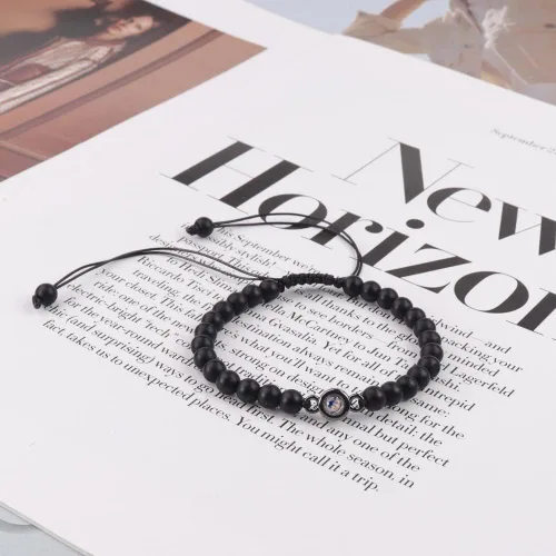 Miniatura 7 de Pulseras para parejas, pulseras de cristal curativo de proyección en 100 idiomas, ágata negra, blanca, turquesa, pulseras a juego para novio, novia