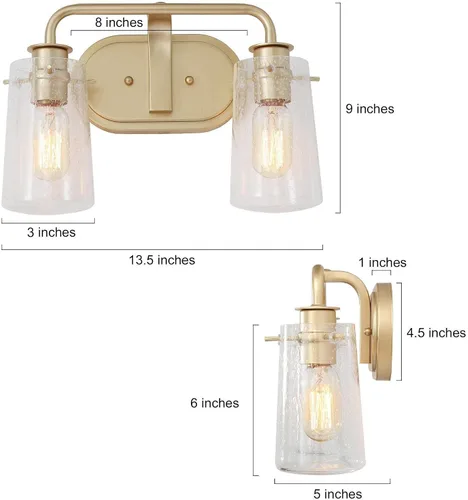 Miniatura 7 de KSANA Lámparas de baño, 2 luces doradas para tocador sobre espejo con pantalla de vidrio sembrado, accesorios de luz de baño dorados, bombilla E26