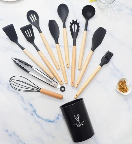 Miniatura 5 de Juego de utensilios de cocina de silicona, sin BPA, no tóxico, antiadherente, resistente al calor hasta 446 °F, asas de madera antiarañazos + Negro