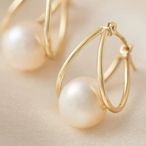 Miniatura 4 de Ross-Simons 8-9mm Cultured Pearl Double-Hoop Earrings in 14kt Yellow Gold. 34