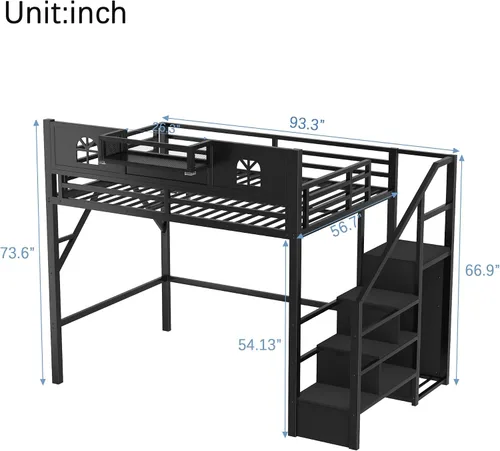 Miniatura 2 de SOFTSEA Cama tipo loft de metal completo con escaleras y armario, cama alta para niños con barandillas en forma de casa y estantes de Negro