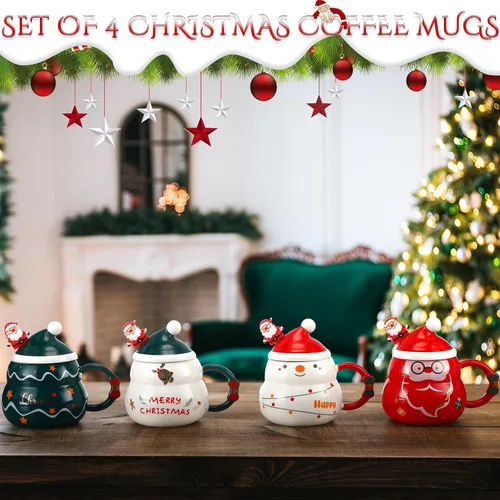 Miniatura 7 de Yaomiao 4 Tazas de Navidad con Tapa de Gorro de Santa y Cuchara 16 oz Taza de Café de Cerámica Linda de Navidad Árbol Festivo Campana Santa Muñeco