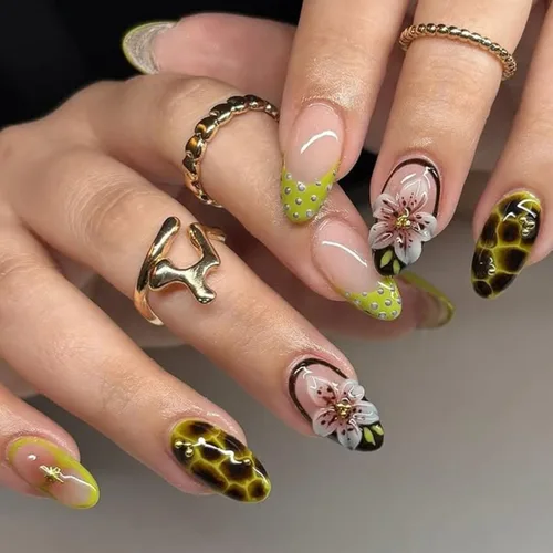 Miniatura 17 de Uñas postizas medianas a presión de almendra, con lazo 3D, perlas y diamantes de imitación, diseños de flores, uñas adhesivas, uñas acrílicas