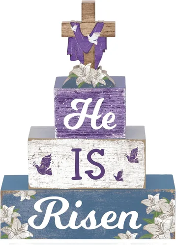 4 piezas de decoración de mesa de Pascua con texto en inglés "He Is Risen" de madera religiosa, centro de mesa de madera religiosa, bloques de cruz
