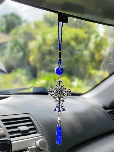 Miniatura 7 de LUCKBOOSTIUM Adorno colgante con dije de cruz con centro de mal de ojo y cristal azul y borlas, letrero para buena suerte, salud y protección