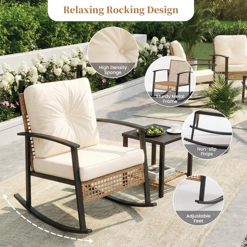 Miniatura 2 de COSIEST Juego de 3 sillas mecedoras para exteriores, muebles de patio de ratán con cojines gruesos y cálidos beige y mesa auxiliar de almacenamiento