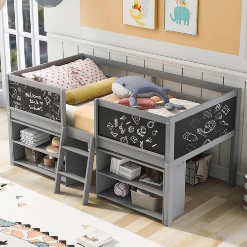 Miniatura 15 de Cama baja de tamaño individual con tobogán y escalera, marco de cama con barandillas de seguridad y techo en forma de casa, para dormitorio