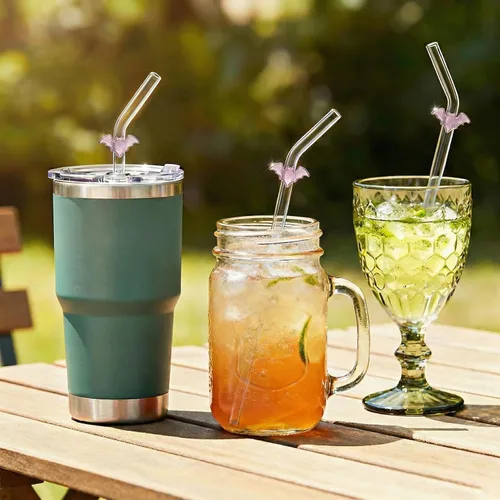 Miniatura 6 de Pajitas de cristal hechas a mano con dije de murciélago – Pajitas de borosilicato dobladas reutilizables de 9 pulgadas para vasos de 16 oz/20 onzas
