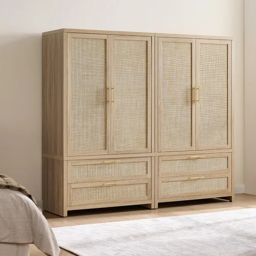 Miniatura 11 de SICOTAS Armario Ropero Gabinete de Ratán, Gabinete de Almacenamiento de 71" con Puertas, 2 Cajones y Barra Colgante, Organizador de Ropa Boho Roble