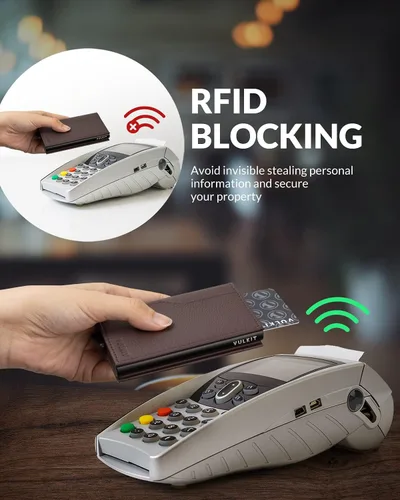 Miniatura 5 de VULKIT Tarjetero con ventana de identificación tarjetas emergentes cartera delgada de cuero con protección RFID hasta 12 tarjetas Marrón oscuro