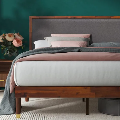 Miniatura 13 de Zinus Deluxe cama de madera estilo de medio siglo con cabecero, sin necesidad de colchon de resortes, Pino, Marrón