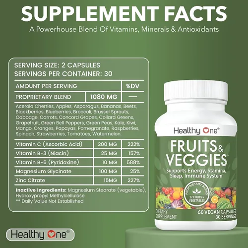 Miniatura 2 de Healthy One - Suplemento de frutas y verduras, 27 superalimentos, vitaminas de frutas y verduras para adultos, píldoras de frutas y verduras