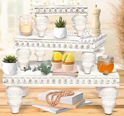 Miniatura 10 de Bandeja decorativa [Juego de 3] bandejas escalonadas de madera, bandeja decorativa para uso de mesa, isla de cocina, barra de café, elevadores