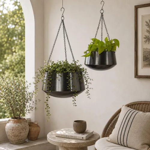 Miniatura 3 de Deco 79 Macetero de metal para interiores y exteriores, maceta colgante con cadena, juego de 2 colgadores de 5 pulgadas, 7 pulgadas de alto