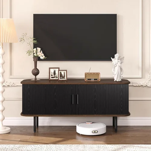 Soporte de TV moderno acanalado de 47" para televisores de hasta 60 pulgadas, centro de entretenimiento para juegos con puertas correderas de