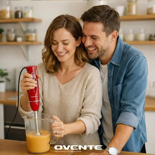 Miniatura 3 de OVENTE Juego de batidora de mano de inmersión, batidora de mano eléctrica de 300 W, 2 velocidades de mezcla con cuchillas de acero inoxidable, Rojo